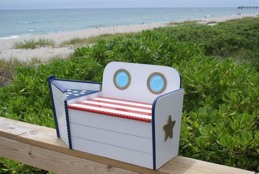 Patriot Boat shaped wood toy chest red white and blue