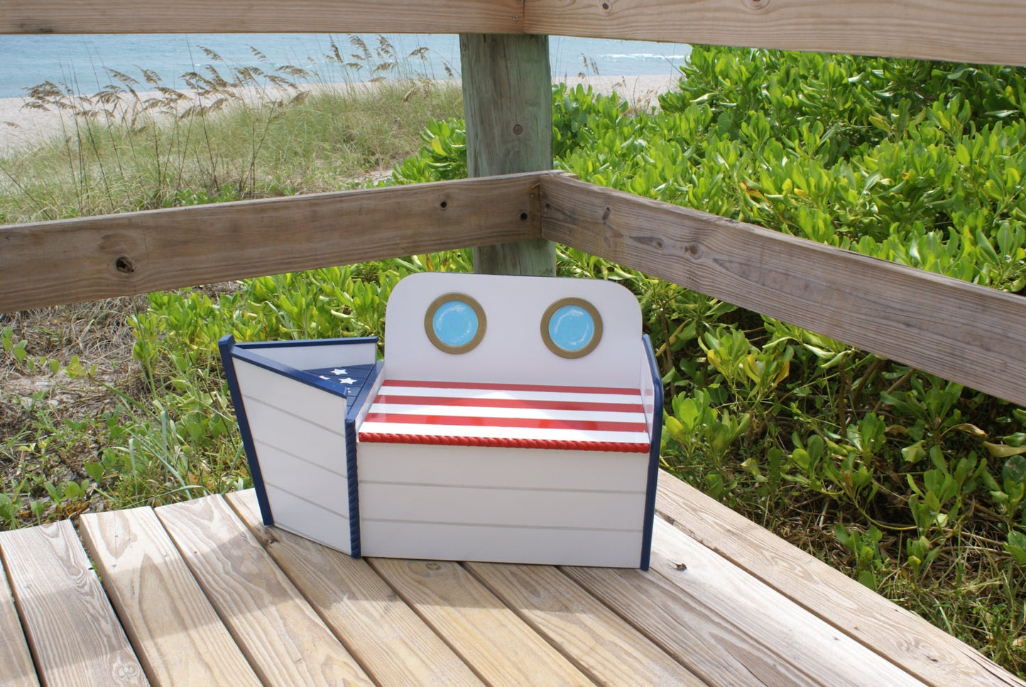 Patriot Boat shaped wood toy chest red white and blue