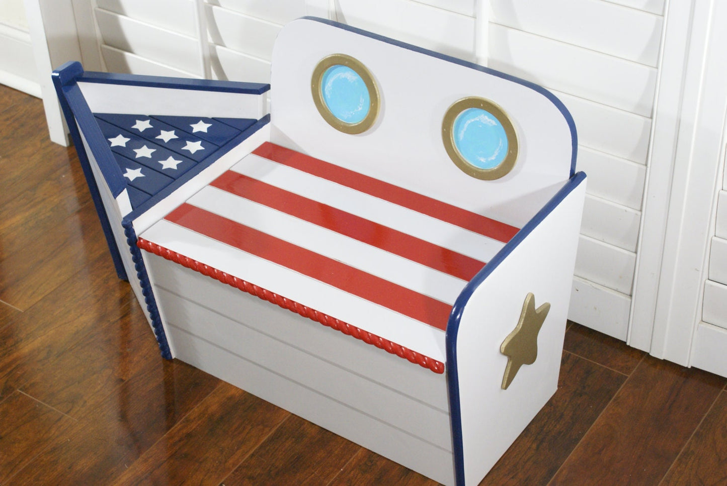 Patriot Boat shaped wood toy chest red white and blue