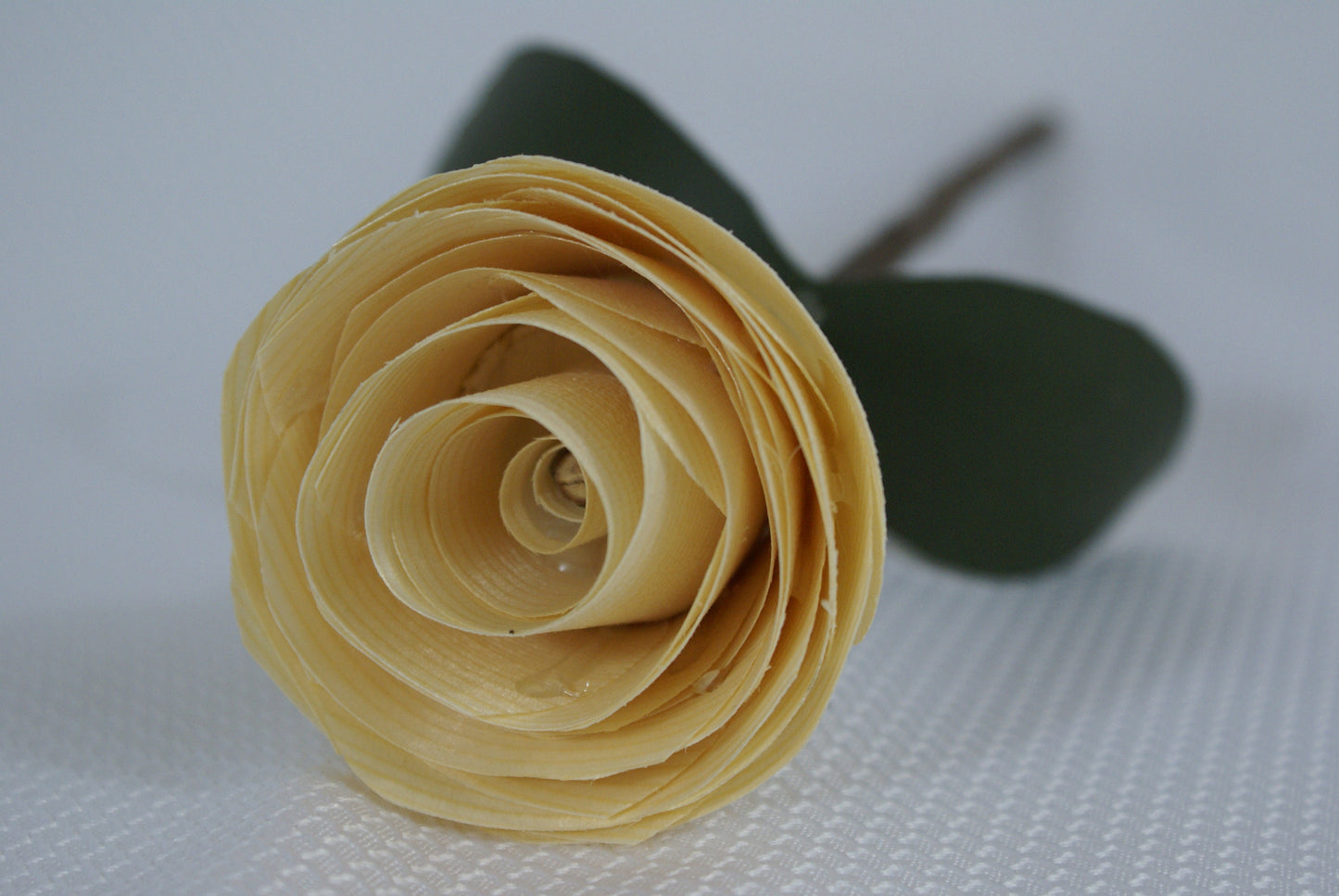 Handmade wooden rose on tree branch stem