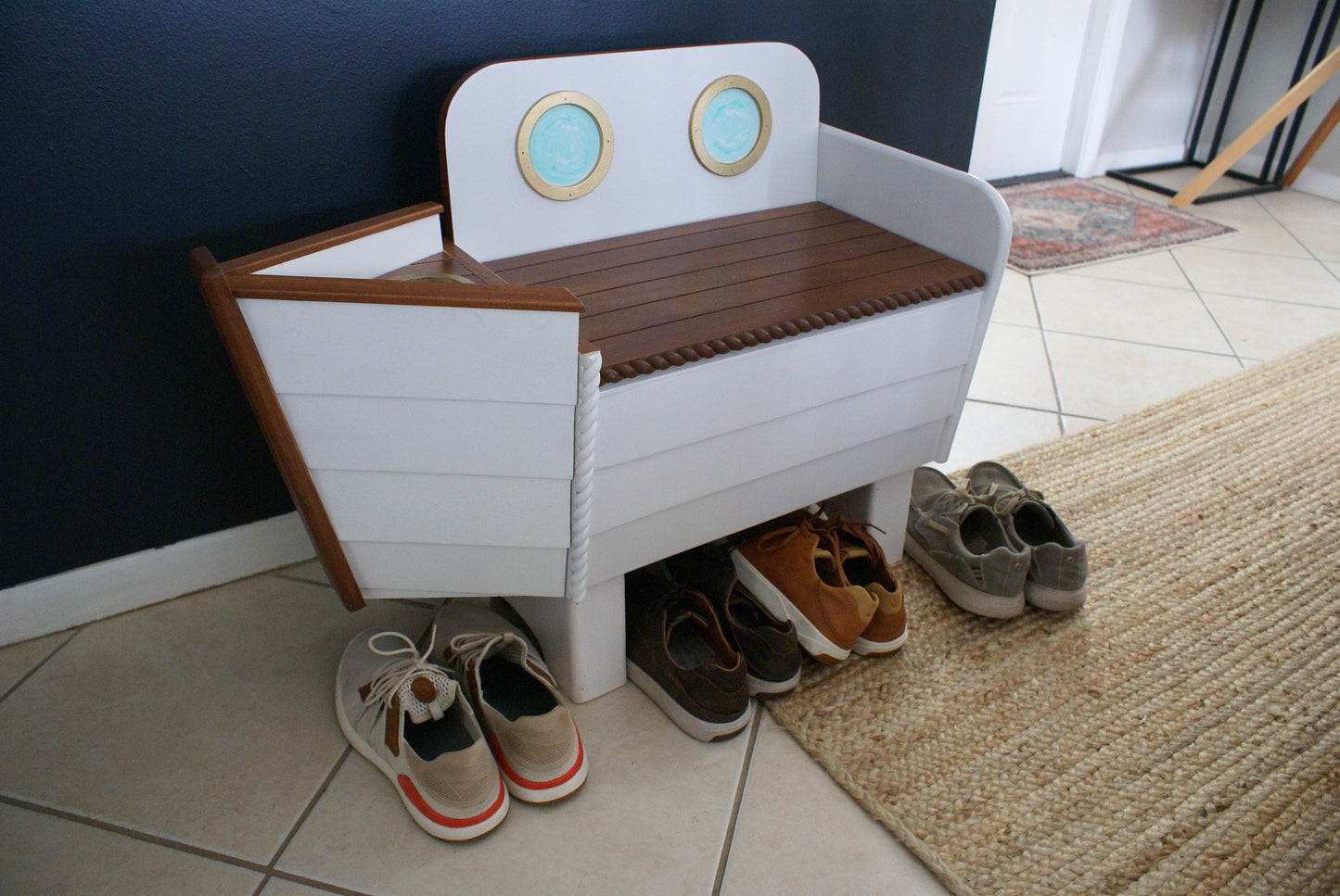 Nautical Wooden chest for entryway, bench with storage for shoes, toy box