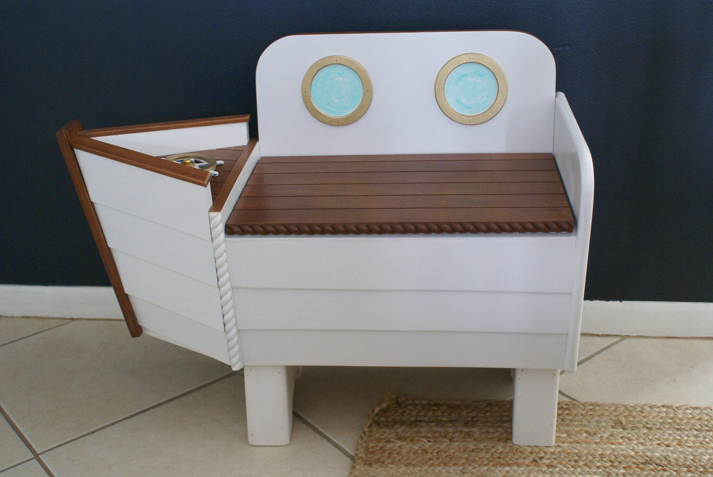 Nautical Wooden chest for entryway, bench with storage for shoes, toy box