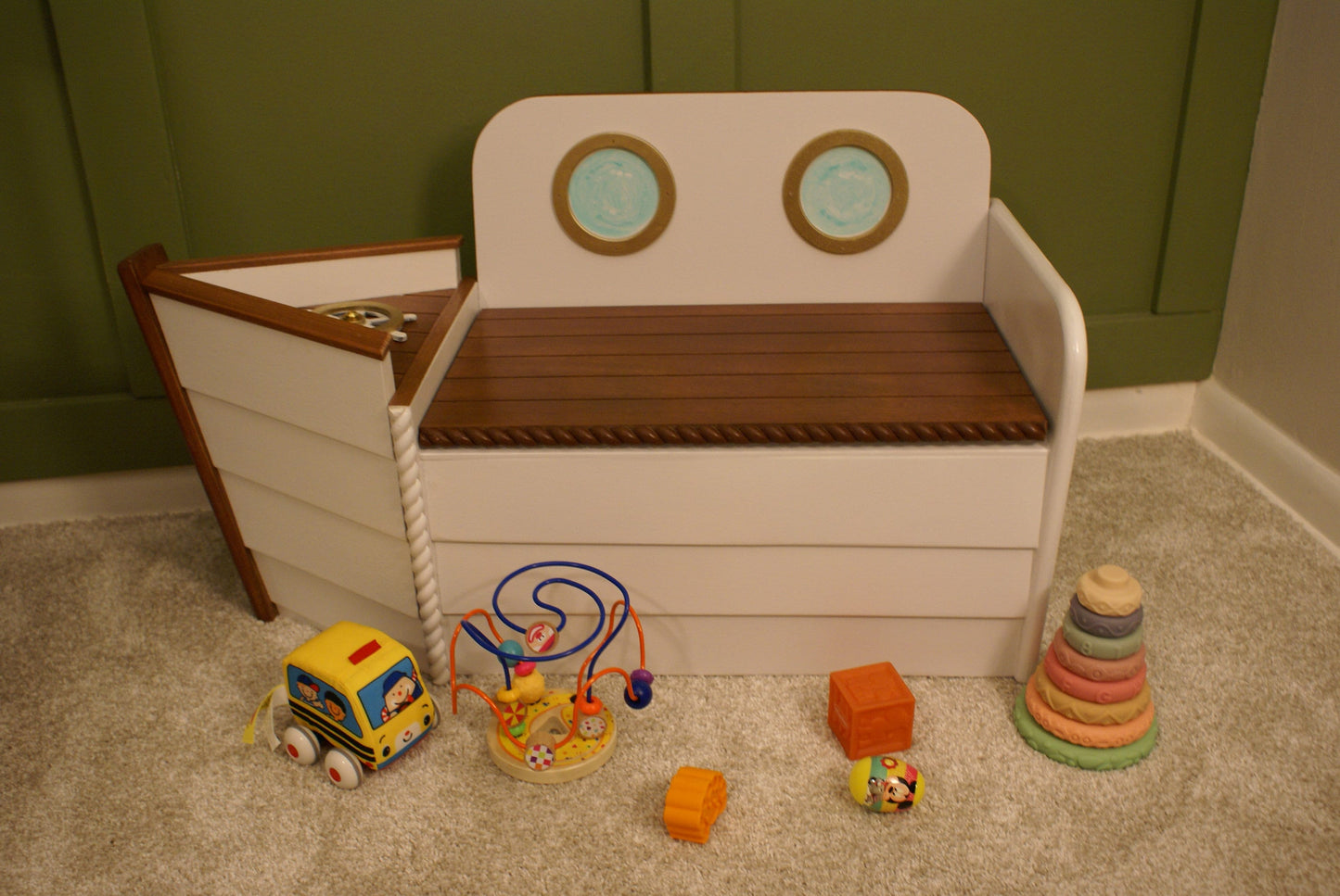 Nautical Wooden chest for entryway, bench with storage for shoes, toy box