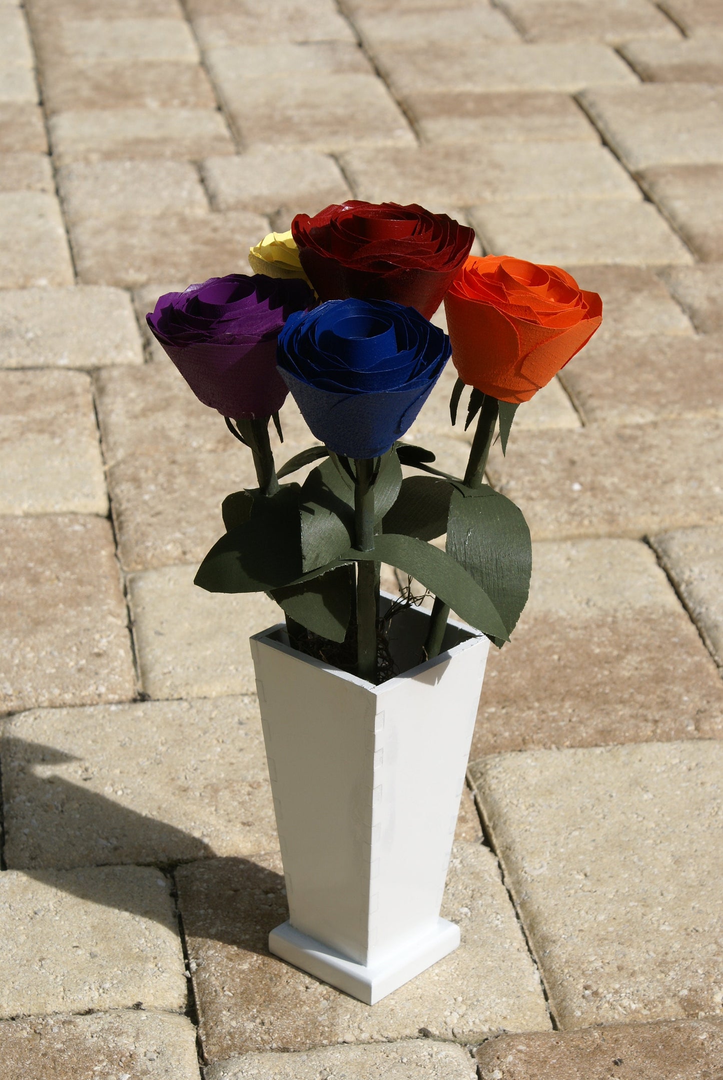 5 Rainbow color wood roses in white vase, Red, orange yellow blue and purple on green stems