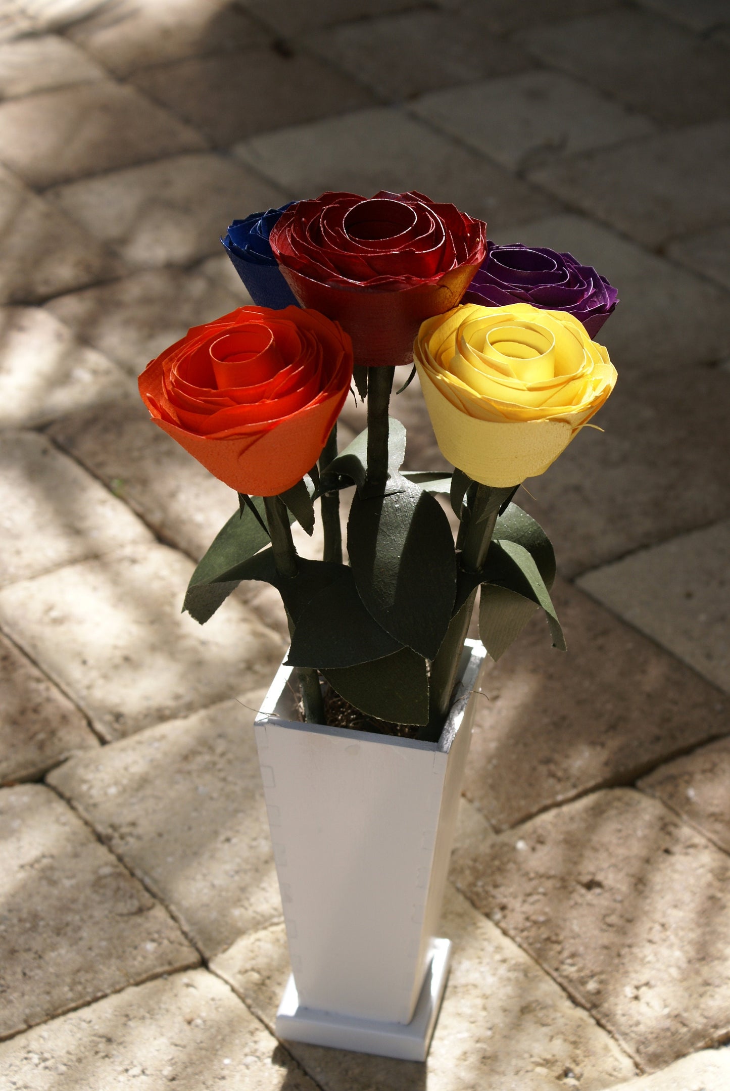 5 Rainbow color wood roses in white vase, Red, orange yellow blue and purple on green stems