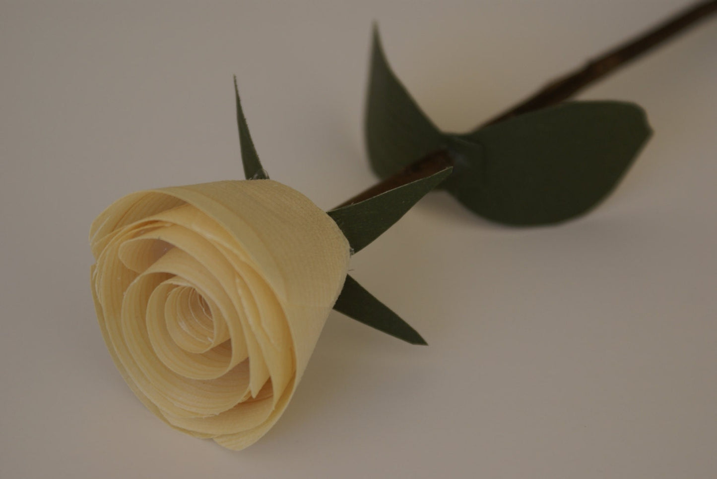 Handmade wooden rose on tree branch stem