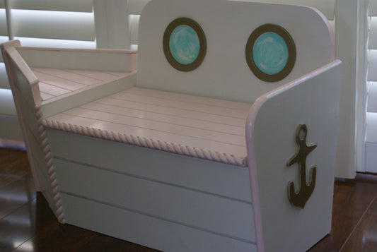 Boat shaped Wooden Toy chest pink and white
