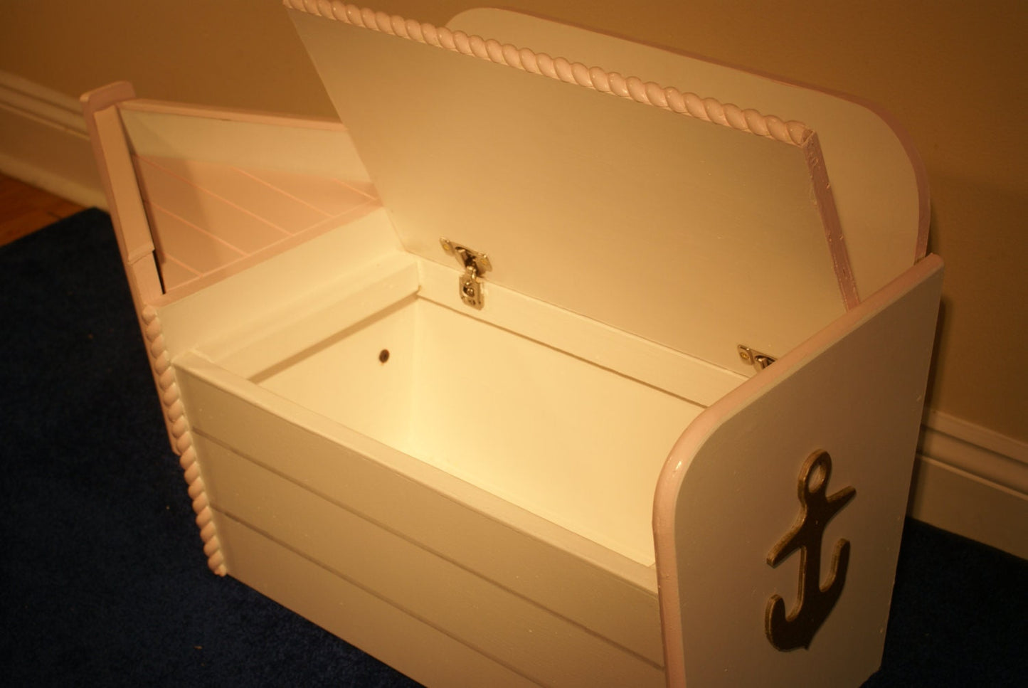 Boat shaped Wooden Toy chest pink and white