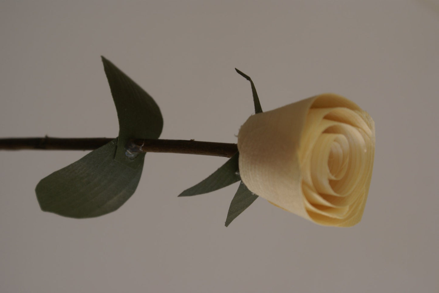 Handmade wooden rose on tree branch stem