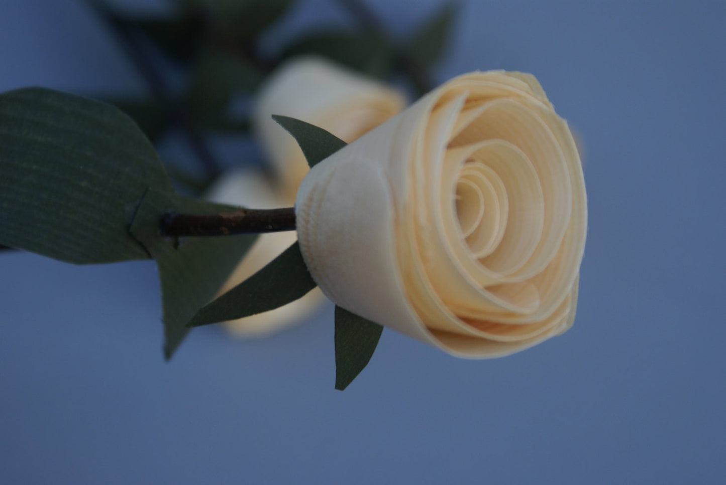 Handmade wooden rose on tree branch stem