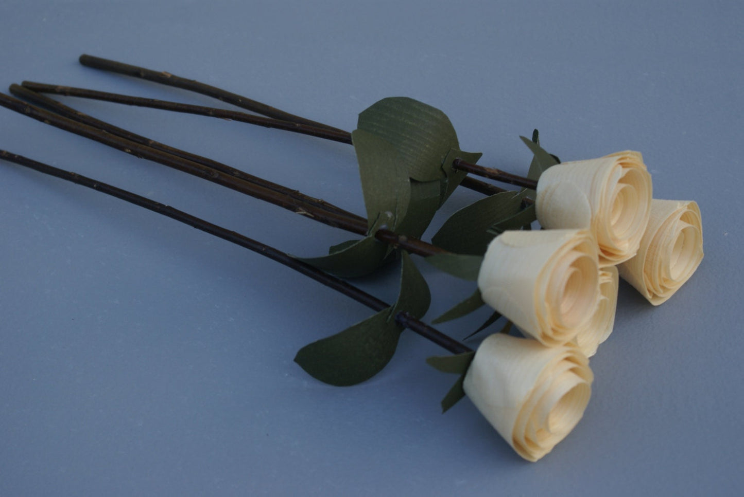5 Handmade wood roses on tree branch stems