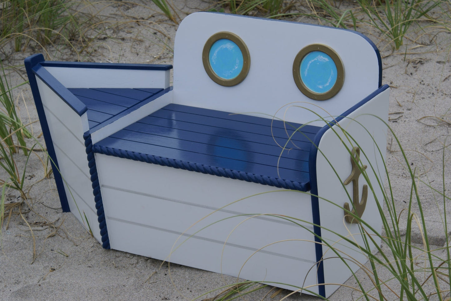 nautical wood storage chest in Navy blue and white
