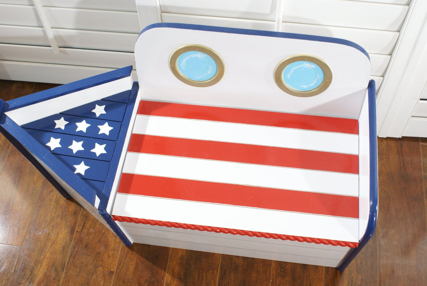 Patriot Boat shaped wood toy chest red white and blue