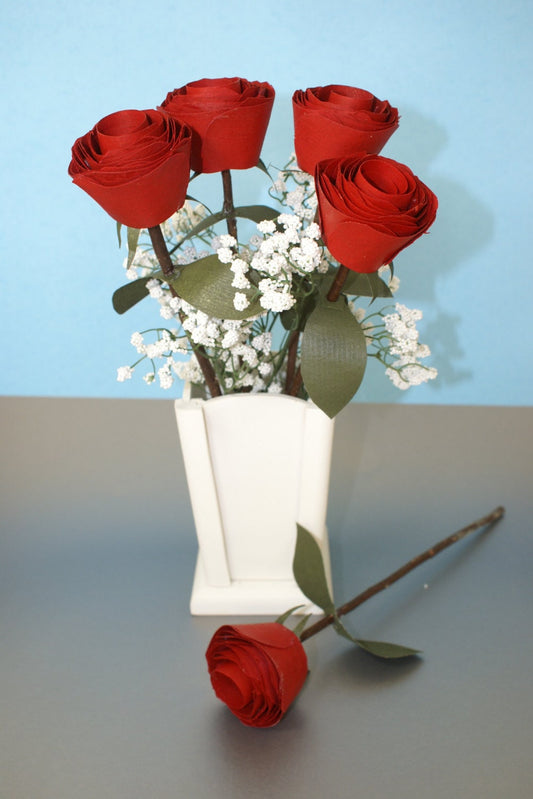 5 Red wood roses on real branch in white wood vase