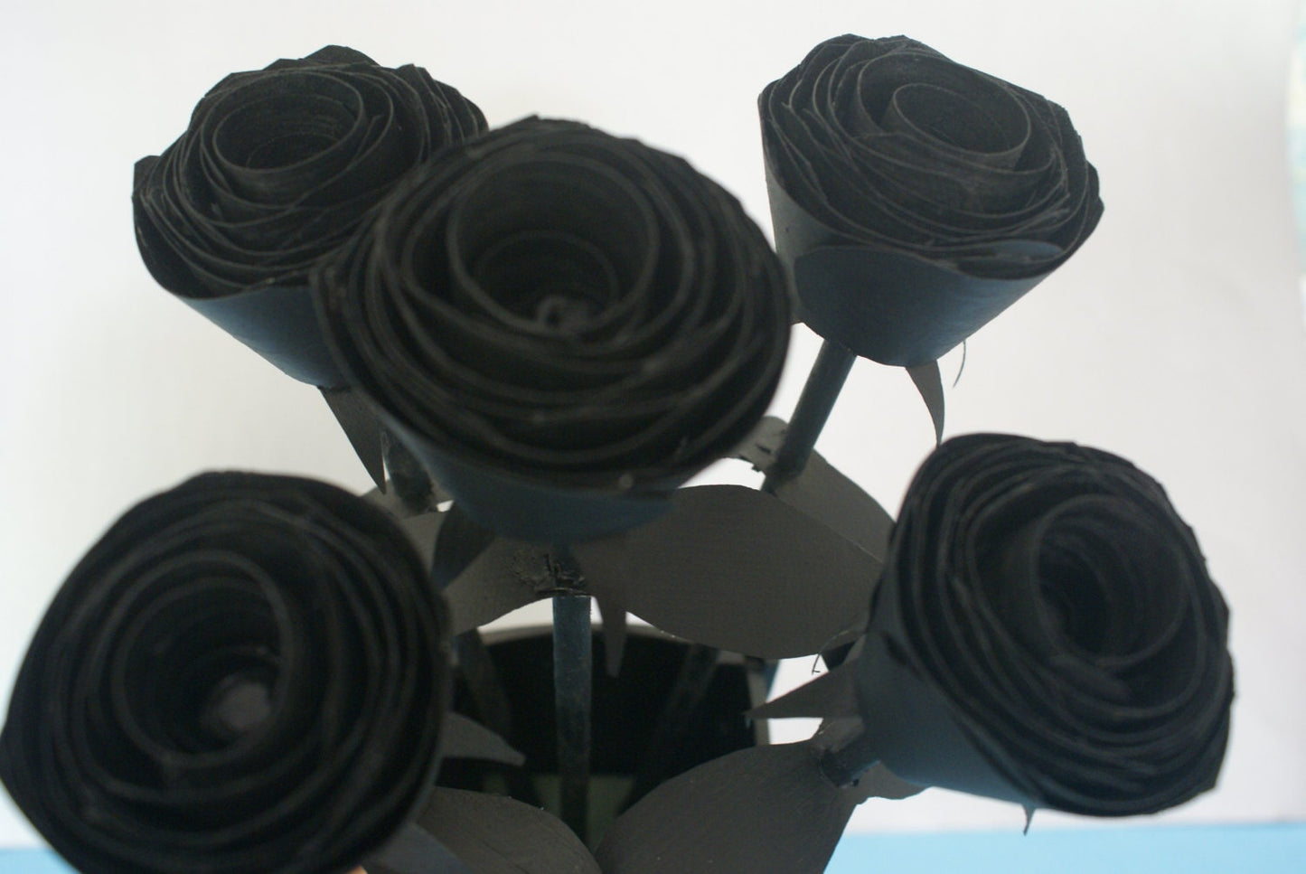 5 Handmade Black wood roses with wood vase