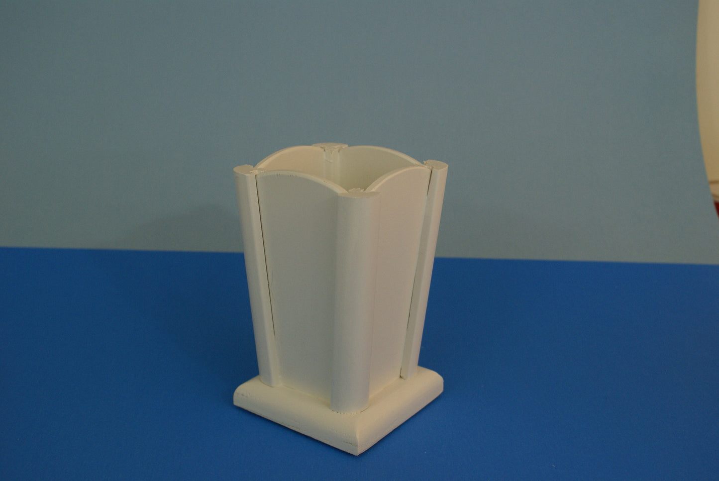 White vase for floral arrangement,  wood vase