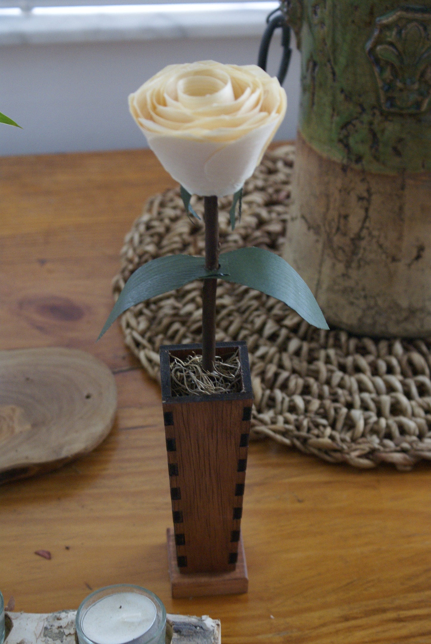 Wood rose and wooden vase