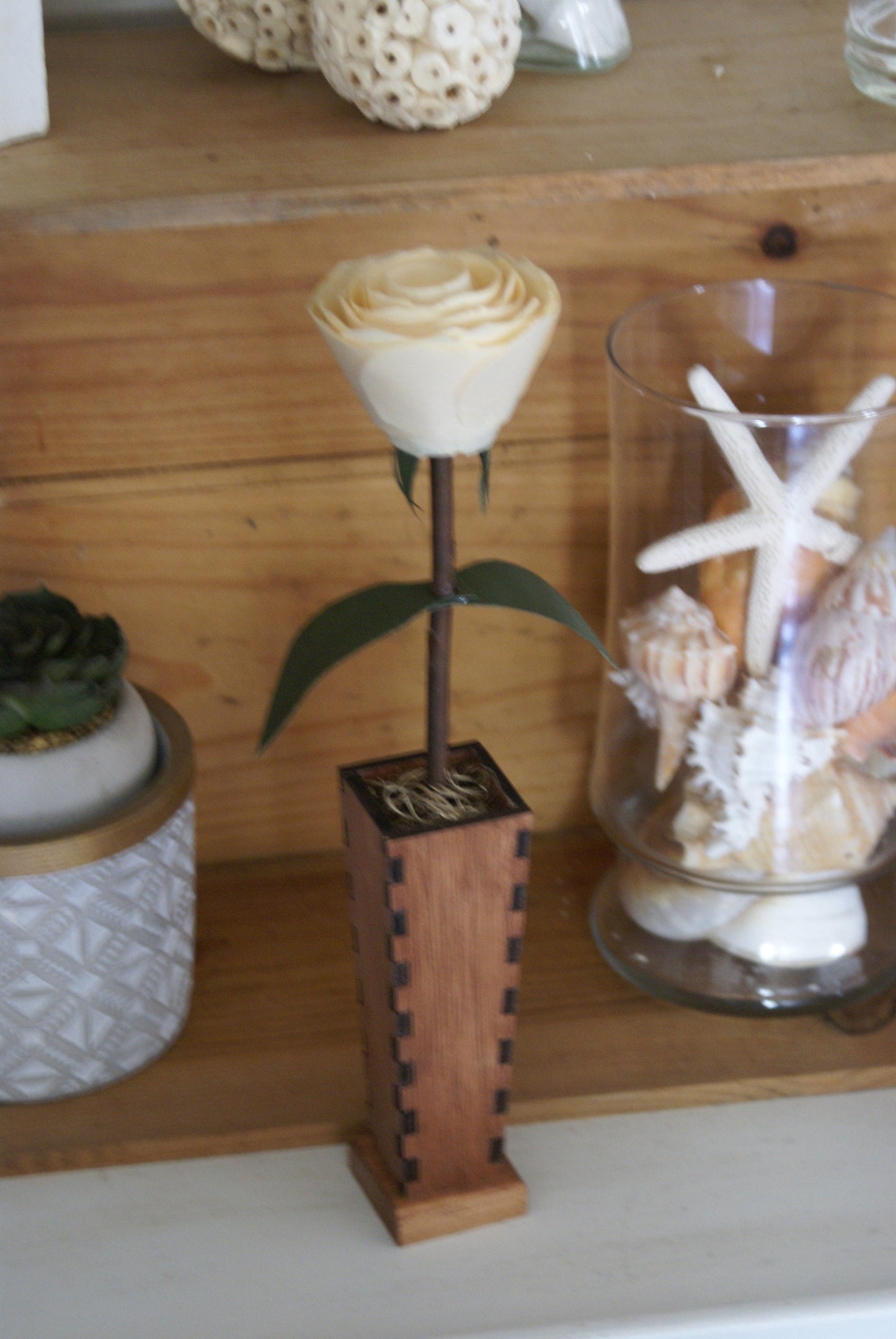 Wood rose and wooden vase