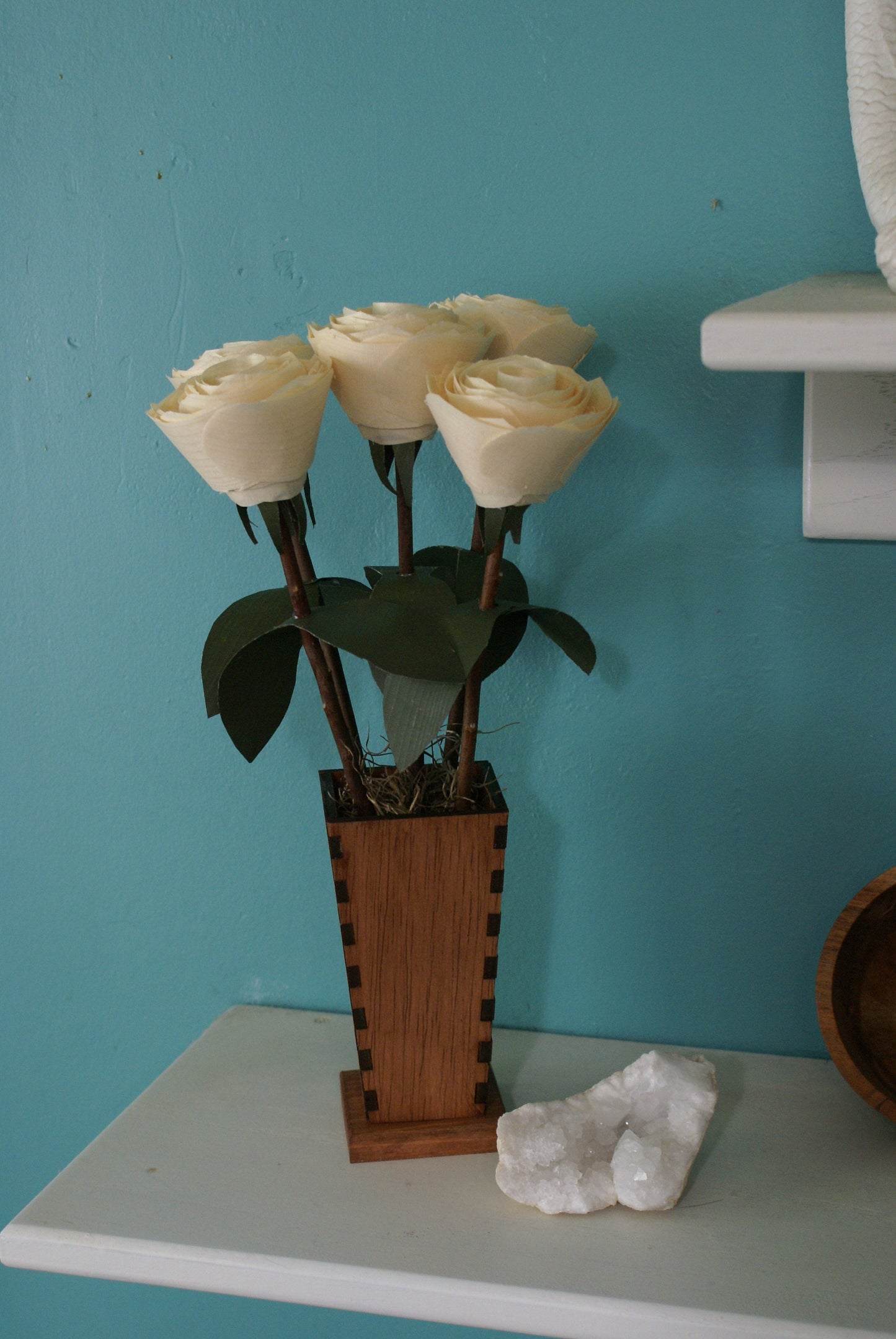 5 Wooden roses in wood vase