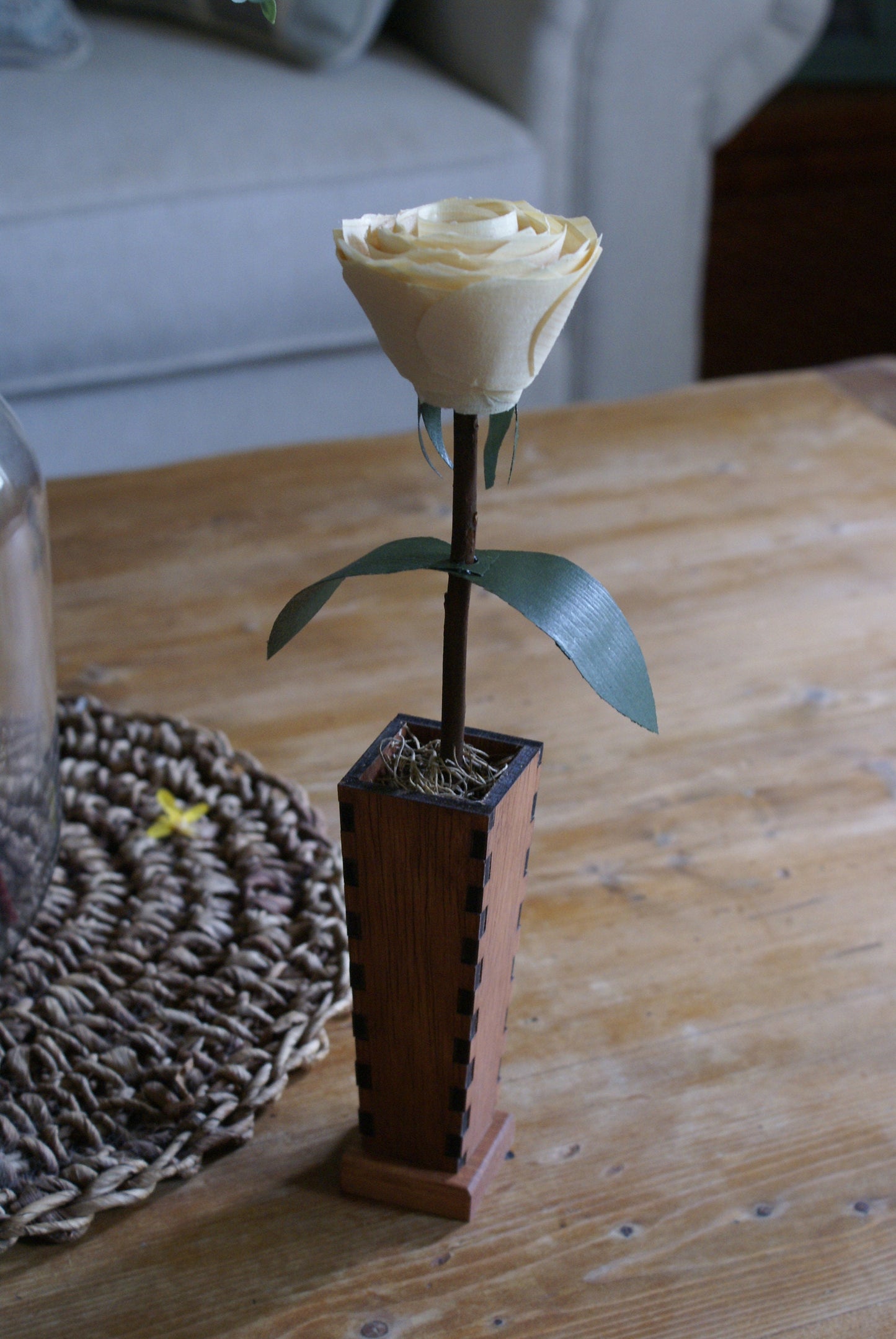 Wood rose and wooden vase