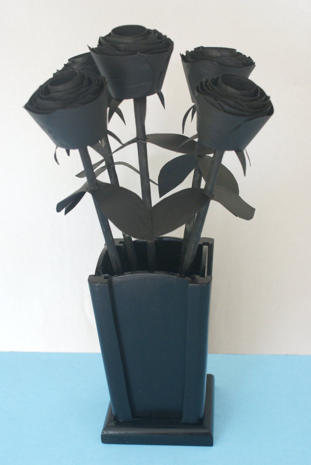 5 Handmade Black wood roses with wood vase