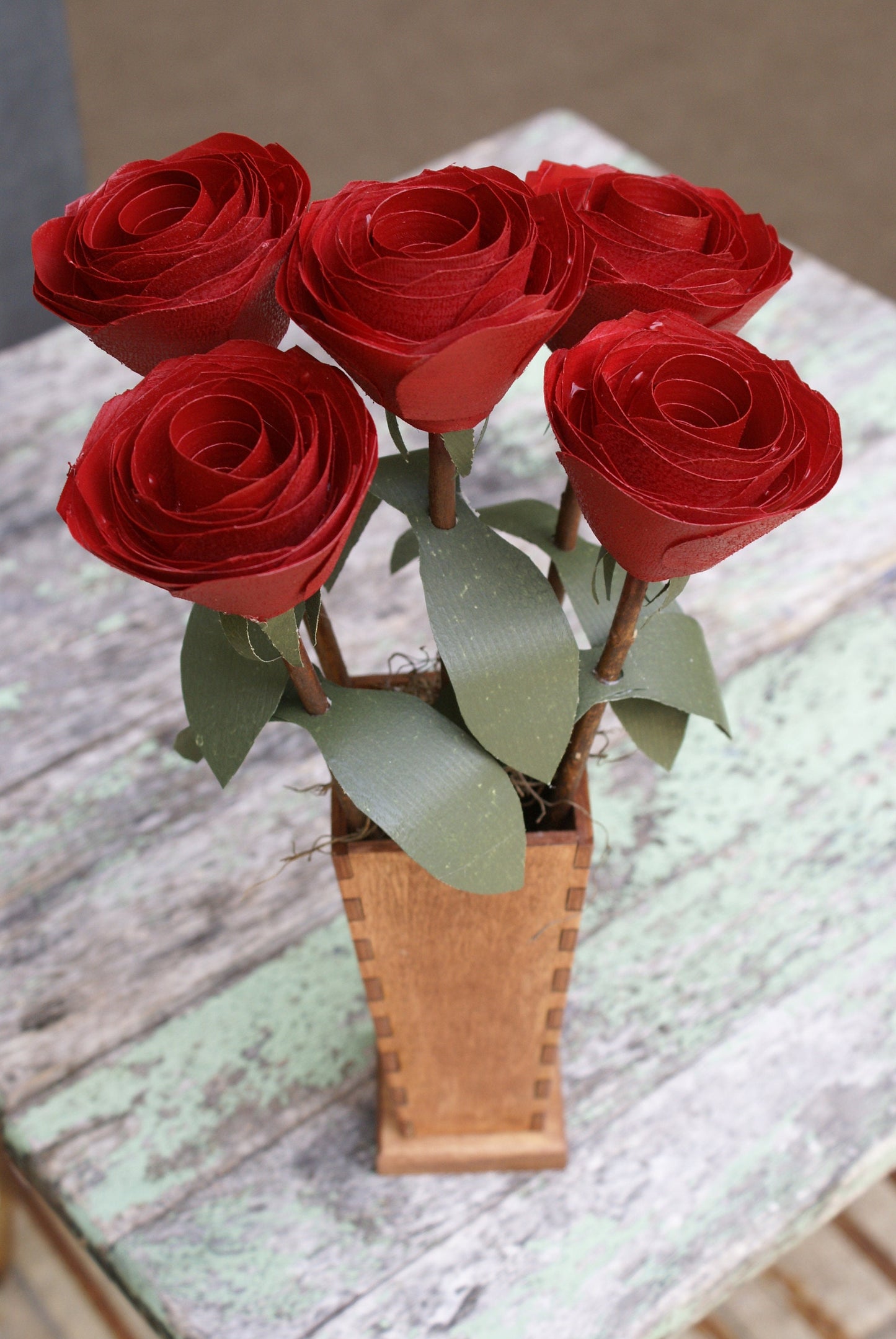 Handmade wood roses with wooden vase, 5 red roses on tree branch stems