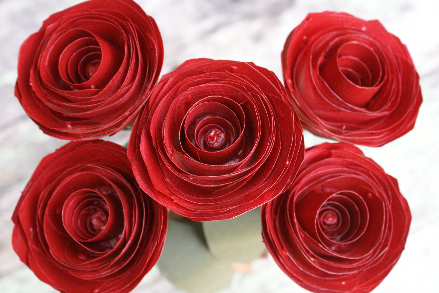 Handmade wood roses with wooden vase, 5 red roses on tree branch stems