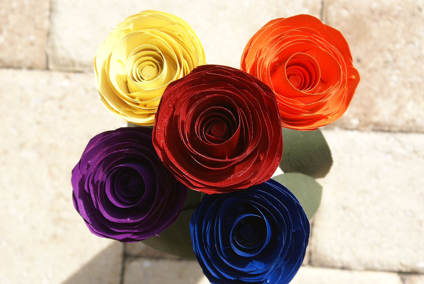 5 Rainbow color wood roses, Red, orange yellow blue and purple on green stems