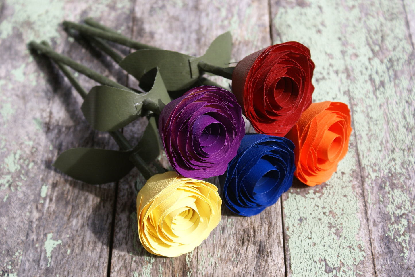 5 Rainbow color wood roses, Red, orange yellow blue and purple on green stems