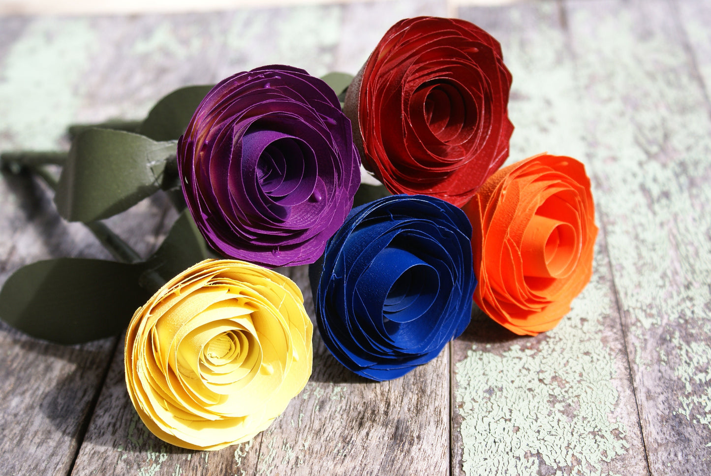 5 Rainbow color wood roses, Red, orange yellow blue and purple on green stems