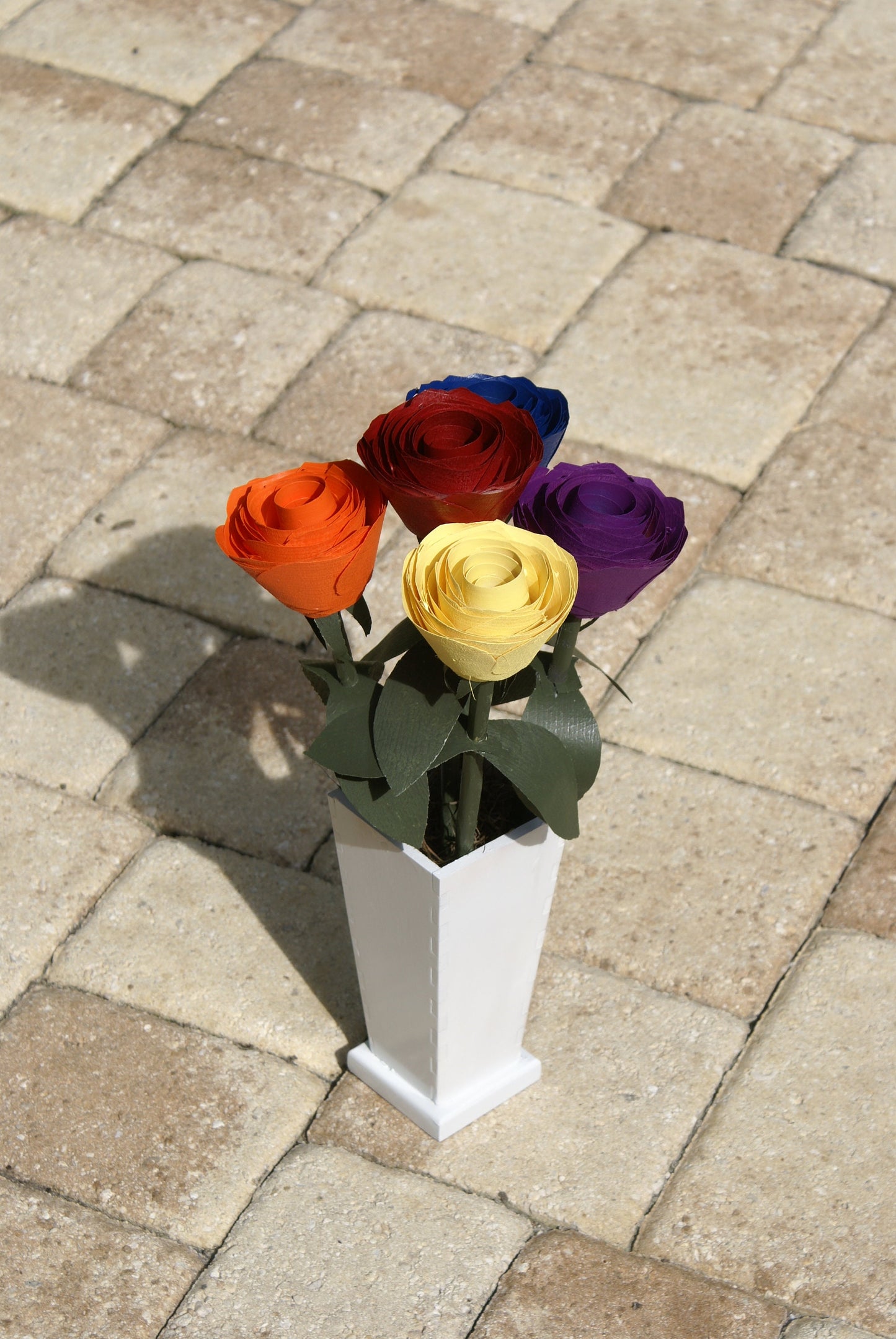 5 Rainbow color wood roses in white vase, Red, orange yellow blue and purple on green stems