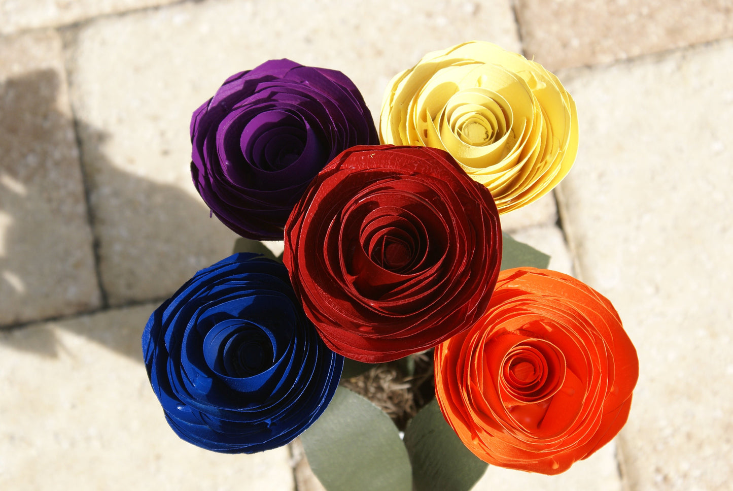 5 Rainbow color wood roses, Red, orange yellow blue and purple on green stems