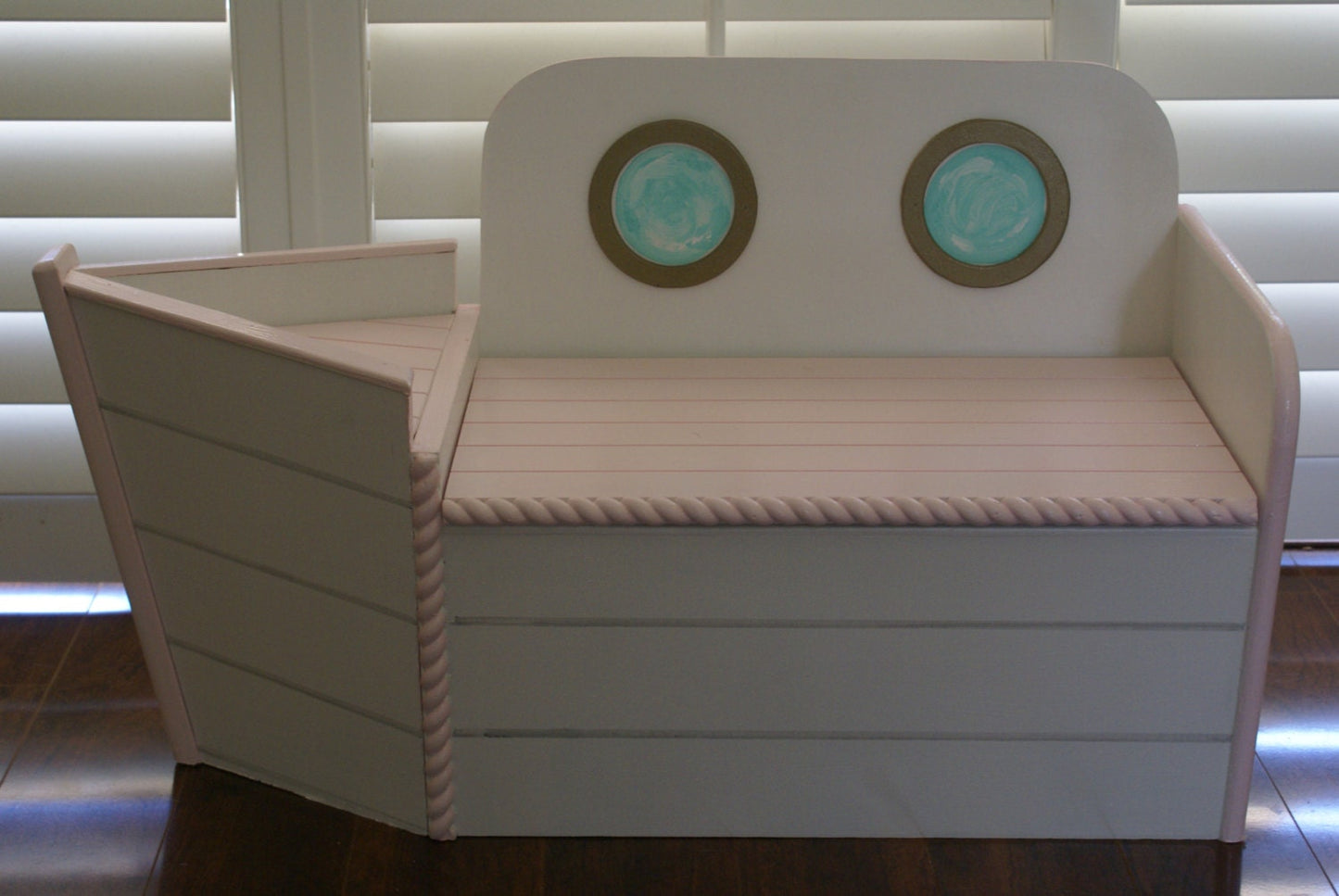 Boat shaped Wooden Toy chest pink and white