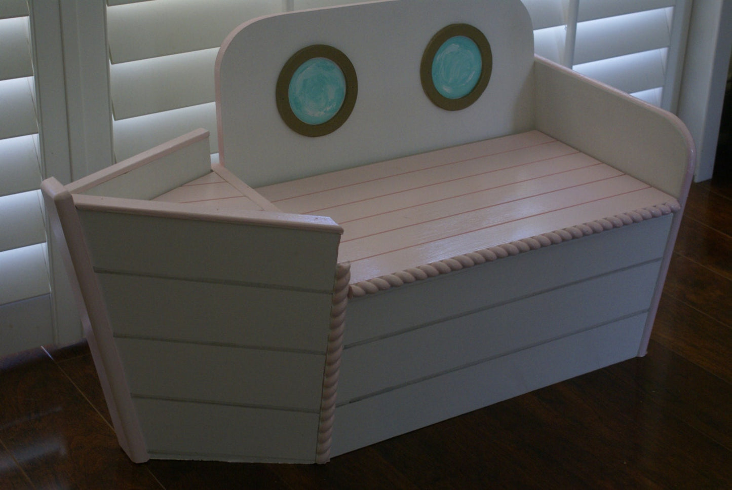 Boat shaped Wooden Toy chest pink and white