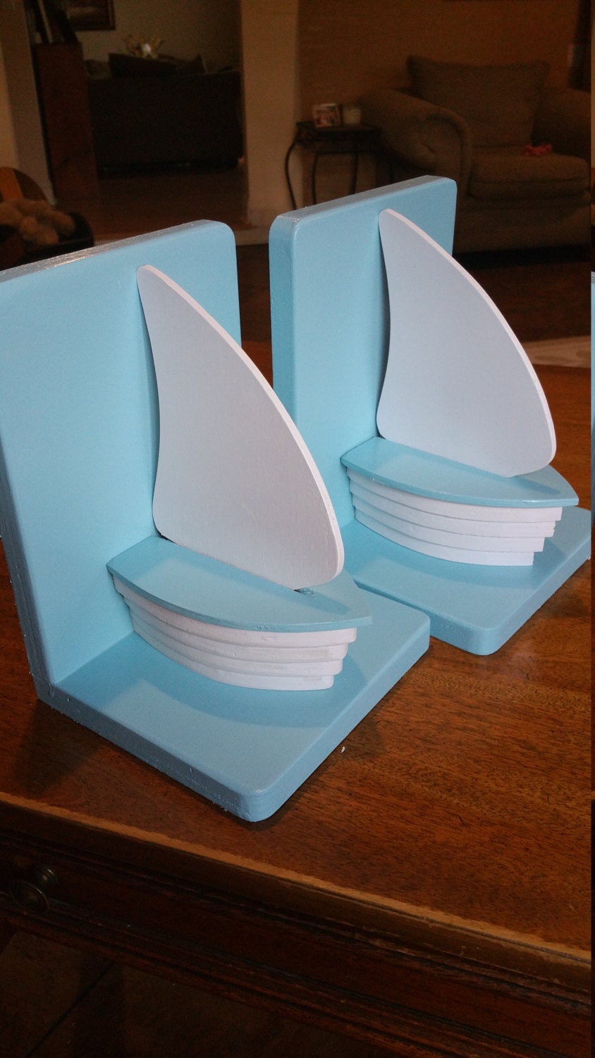 White and Blue Sailboat bookends for nautical nursery